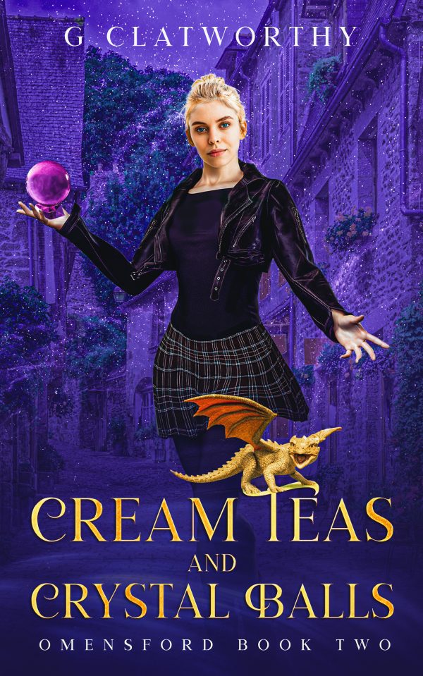 book cover with witch holding a purple crystal ball and a small golden dragon on the text