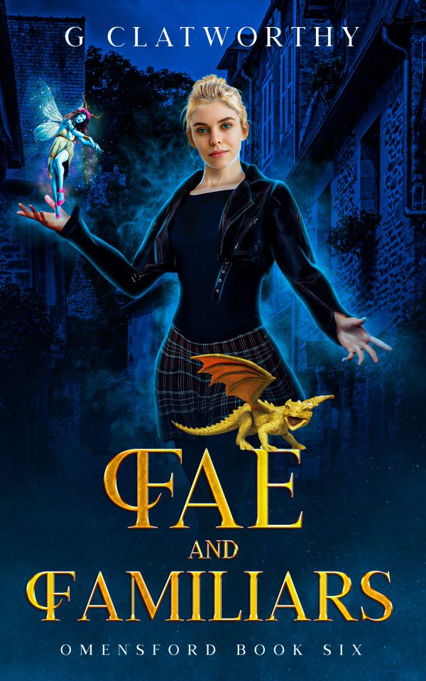 book cover of a witch holding a piskie with a small golden dragon on the text