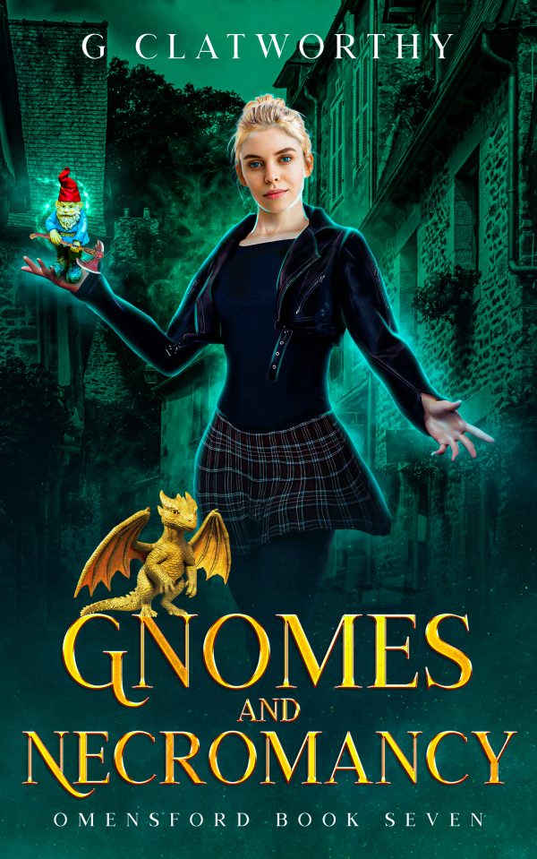 book cover of witch holding a gnome and a small gold dragon on the text