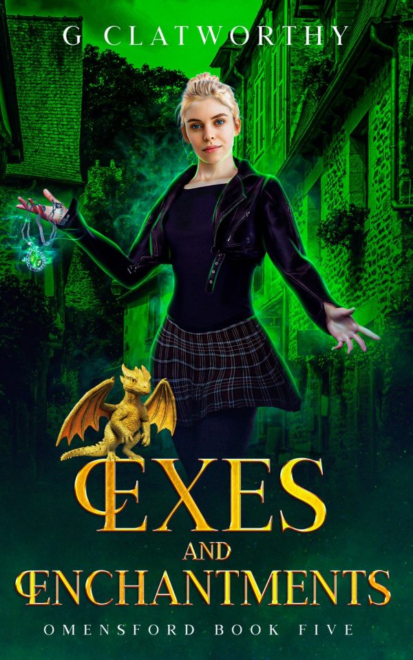 book cover of a witch holding an emerald necklace with a gold dragon on the text