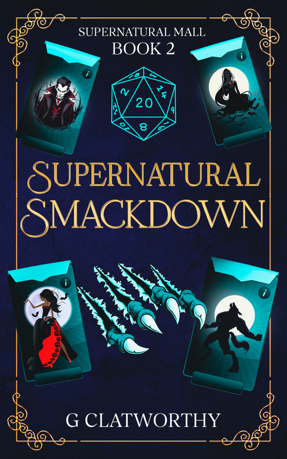 blue book cover with playing cards on it and a dice. Text reads Supernatural Smackdown