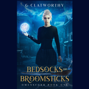audiobook cover showing a witch with white hair holding a ball of electricity on blue background