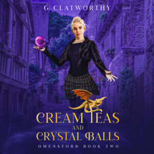 audio book cover showing a witch holding a purple crystal ball on a purple background